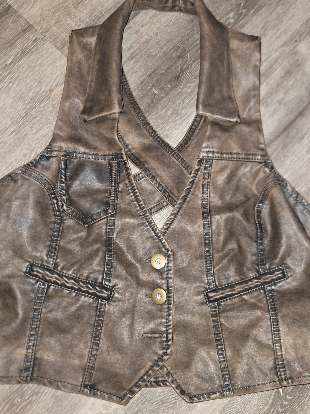 BodyC Brown Distressed Faux Leather Halter Vest Crisscross Back Size L 11800BS2